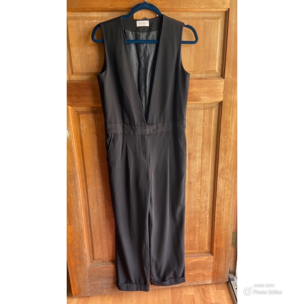 PLST deep V neck tuxedo inspired jumpsuit medium / large tank top style black